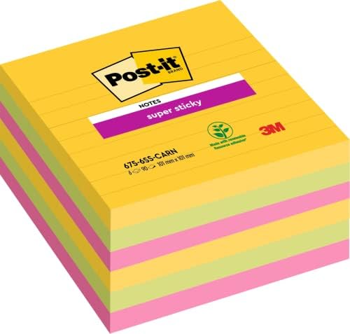 Post-it Super Sticky Notes, Cosmic Colour Collection, lined, 101 mm x 152 mm, 90 Sheets/Pad, 3 Pads/Pack