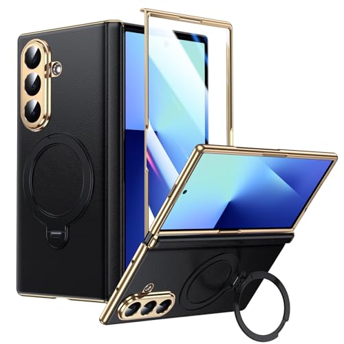 LeYi für Samsung Galaxy Z Fold 7 Hülle mit Displayschutzfolie & Ständer [Kompatibel mit Magsafe] Ultradünne Z7 Lederhülle Slim Handyhülle Schutzhülle Cover für Galaxy Z Fold7 5G Case - Schwarz