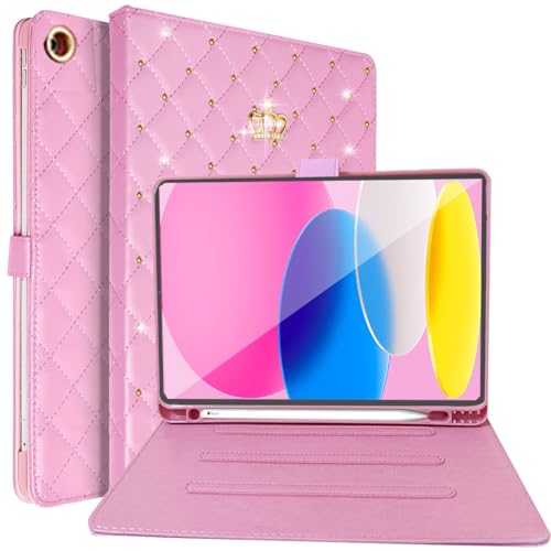 Changjia for iPad 10.2 Case 9th/8th/7th Generation (2021/2020/2019) with Pencil Holder,Cute Crown Bling Diamond Elegant PU Leather Smart Auto Sleep/Wake Stand Protective Case for iPad 10.2 Inch (Pink)