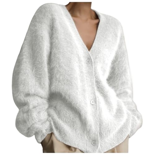 Women's Fuzzy Button Down Open Front V-Neck Knit Cardigan Slouchy Fluffy Loose Casual Long Sleeve Sweater Outwear Coat