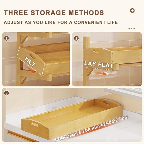 Multi-Layer Fruit & Vegetable Storage Rack, Removable Potato & Onion Bin, Grooved Design for Kitchen & Dining Room, Flat or Tilted Use, Brown 26"x11"x39.4"