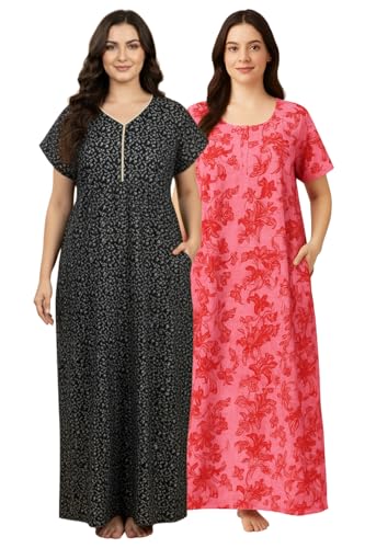 Image of Bahumaan Nighty for Women Cotton Combo Pack of 2 | Free Size Gown for Women Cotton with Side Pocket | Nighties for Women Pure Cotton Combo Stylish | Maxi Sleepwear