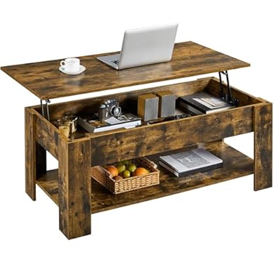 Foto di Yaheetech Tavolino Sollevabile da Salotto con Ripiano Tavolino da caffè con Portariviste Tavolo Basso da Divano Mobile Elevabile per Soggiorno 120 x 60 x 49,5-62,5 cm Marrone Rustico