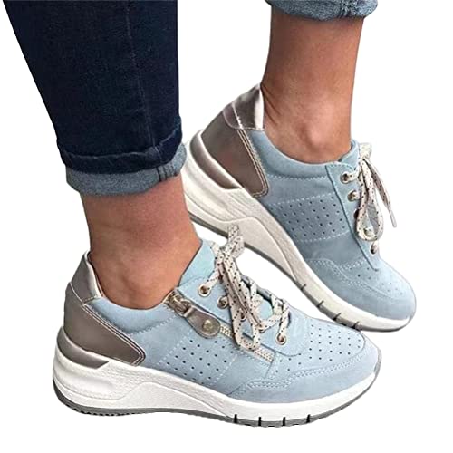 ORANDESIGNE Zapatillas con Cordones Mujer Casual Tacón de Cuña Zapatos Deportivas Caminar Transpirable Deporte Zapatos de Correr Sneakers Ligeras A Azul Claro 39 EU