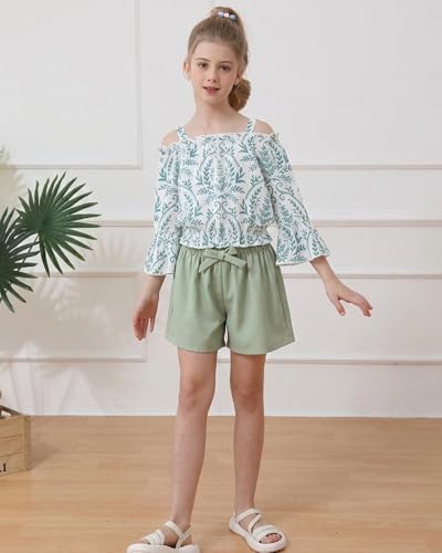 Image of Weebaby Girls Clothes 2 Piece Outfits Cute Kid Clothes Crop Top Paperbag Waist Shorts Set Summer Clothes for Tween Girls