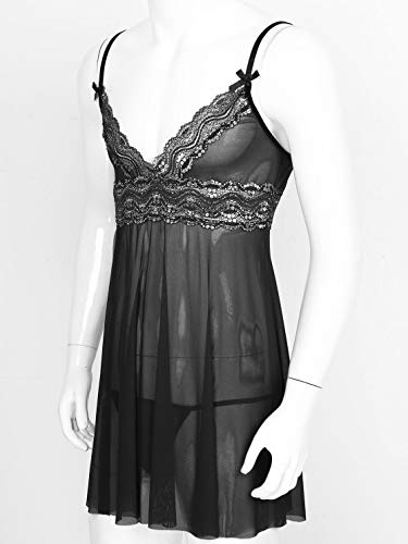 Lejafay Men's Sissy Lingerie V Neck Crossdresser Nightwear Sheer Lace Chemise Mini Teddy3