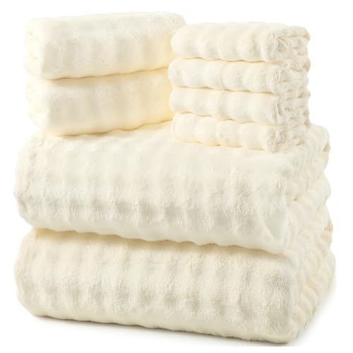 REDKISS 8-Piece Soft Bath Towel Sets Extra Large 2 Bath Sheet (3570 in) 2 Hand Towel 4 Washcloth Microfiber Quick Dry & Absorbent Cream Towels for Bathroom