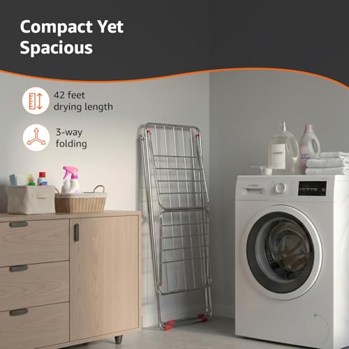 Image of Amazon Basics Heavy Duty Stainless Steel Foldable Cloth Dryer Stand | Strong Build | 3-Way Folding | Anti-Corrosion | PVC Bushes | Easy to Carry | 42 Ft Drying Length | Expandable Wings | 17 Rails | Pack of 1