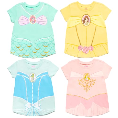 Disney Princess Girls 4 Pack T-Shirts Toddler to Big Kid Sizes (2T - 14-16)