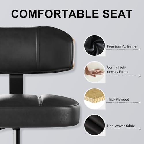 Image of Drafting Chair with Lockable Wheels, Tall Chair Adjustable Stool with Curved Walnut Backrest and Footrest Ring, PU Leather Ergonomic Rolling Chair 300LBS Capacity for Office Workstation(Black)