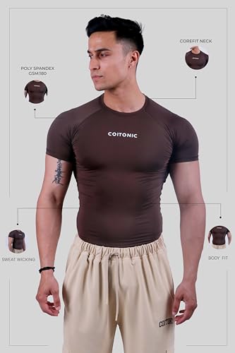 Image of COITONIC Men's Half Sleeve Compression T-Shirt - Athletic Base Layer for Gym, Sports & Fitness Training