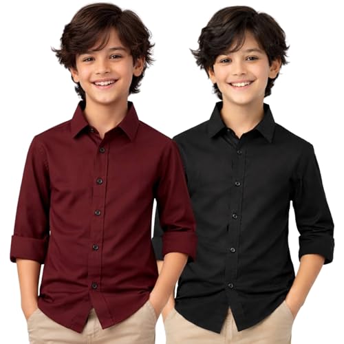 Image of YYQ Pack of 2 Boys Cotton Blend Shirts - Full Sleeve Casual, Soft & Comfortable Spread Collar Shirts