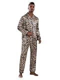WDIRARA Men's Satin Leopard Lapel Neck Button Down Long Sleeve Top and Pants 2 Piece Pajama Set Khaki Medium