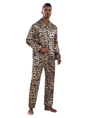 WDIRARA Men's Satin Leopard Lapel Neck Button Down Long Sleeve Top and Pants 2 Piece Pajama Set