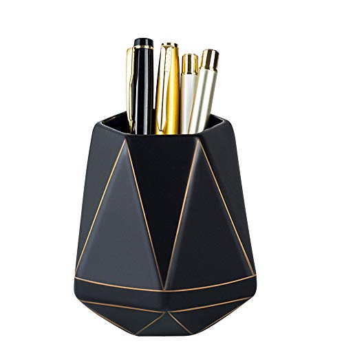 YOSCO Ceramic Desk Pen Holder Stand Colorful Pencil Cup Pot Desk Organizer Makeup Brush Holder (Black)