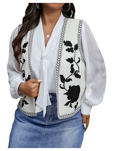 MakeMeChic Women's Plus Size Floral Open Front Vest Sleeveless Jacket Waistcoat Black and White 3X-Large Plus