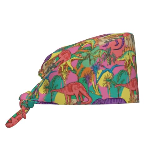 Kuilepa Colorful Dinosaur Print Working Caps With Sweatband Adjustable Working Hats Elastic Scrub Hats Nurse Scrub Cap Nurse Hats