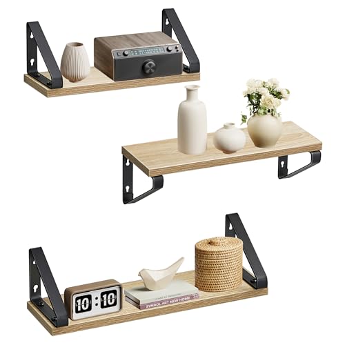 VASAGLE Étagère Murale, Tablette Flottante, Lot de 3, 2 Façons de Montage, 30/35/40 cm, pour Salon, Cuisine, Bureau, Salle de Bain, Couleur Chêne et Noir...