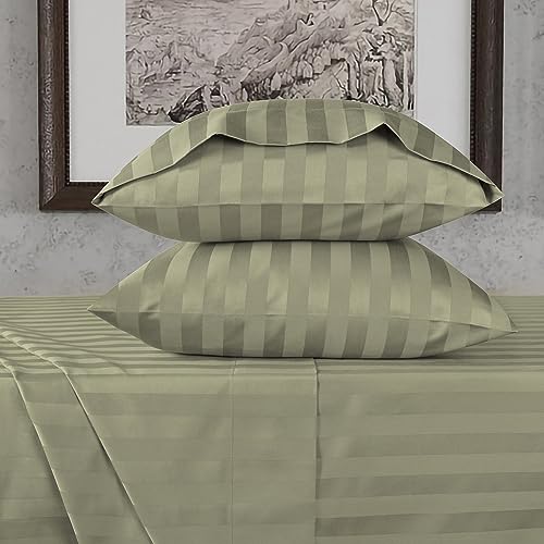 URBANHUT 100% Cotton Damask Twin Size Sheets, 4 Piece Hotel Style Sheet Set Bed Sheet for Twin Size Bed, Sateen Weave Stripe Sheets, 14'' Elasticized Deep Pocket - Sage