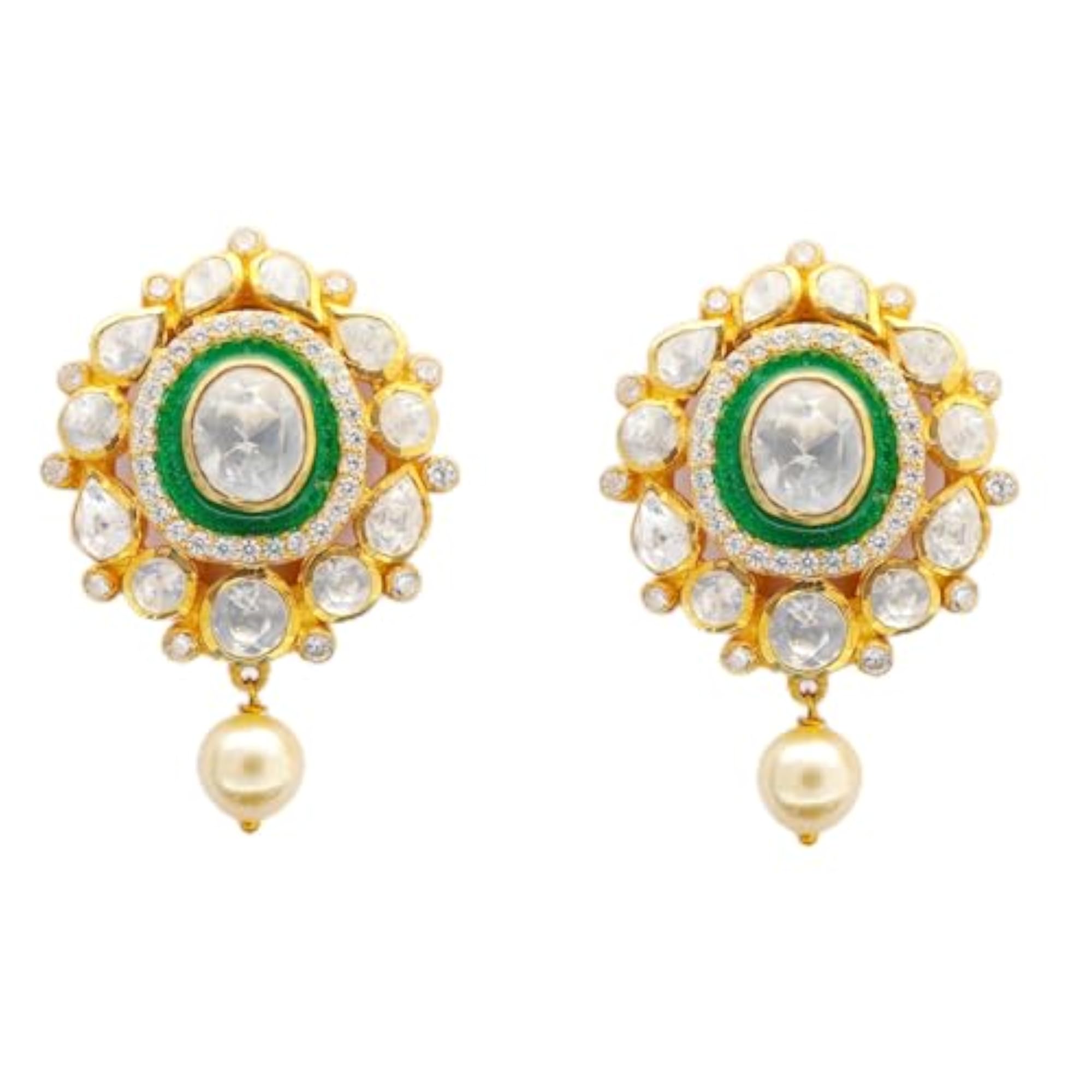 Women's 925 Silver Kundan Flower Shaped Earring Set in Gold Finish