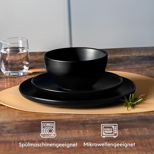 Twinzee Steinzeug Geschirrset Schwarz - Set von 24 Geschirr und Tischkunst - Teller Set - Mikrowellen- und Spülmaschinenfest - Langlebig und Elegant