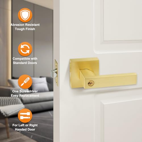 JO.KO Golden Door Handles with Lock and Keys,Brushed Golden Door Knobs,Satin Brass Door Handle Set,Interior/Exterior Door Lever for Bedroom Bathroom,Front Doors by JO.KO - Image 6