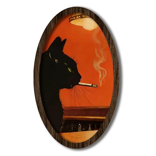KGHYT Funny Black Cat Wall Art, Moody Smoking Black Cat Vintage Oval Framed Wall Decor for Bedroom Bar Office Living Room, Wooden Frame 9 x 14.6 Inch (011)