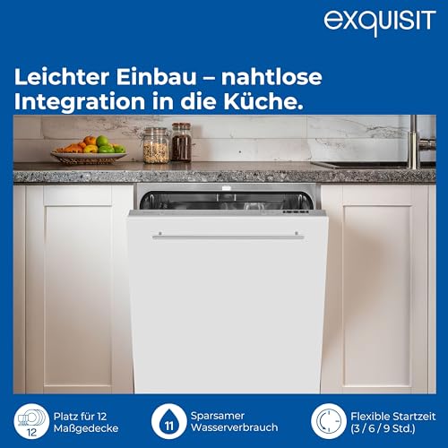 Exquisit START Einbaugeschirrspüler 60 cm, vollintegriert, 12 Maßgedecke, 11 Liter, Startzeitvorwahl, 4 Spülprogramme, ECO, EGSP56012-E-030E silber