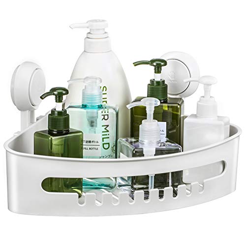 Corner Shower Caddy Suction Cup Plastic Shower Holder for Shampoo Soap, Removable Wall Mount Bathroom Suction Caddy Corner Storage Basket for Bathroom & Kitchen Accessories