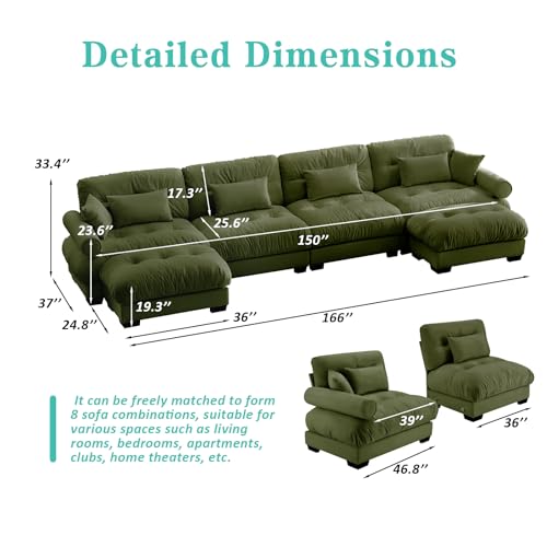 Image of SoarFlash Sectional Sofa Couch, U Shaped Modern Modular Sofa with Solid Wood Legs, Couches Sofas for Living Room Apartment, Comfortable Couches, Green