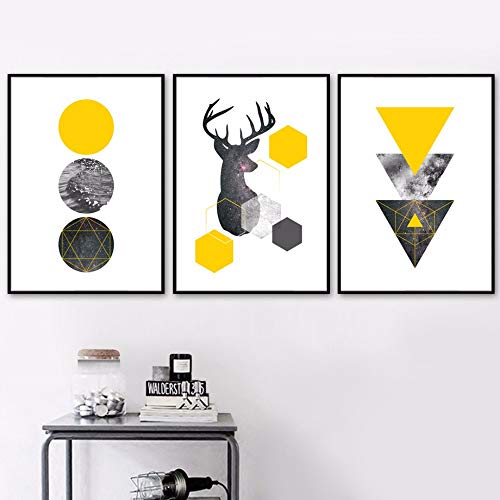 Cerf Mer Étoilé Mur Art Toile Peinture Jaune Géométrique Nordique Affiches Et Gravures Résumé Mur Photos Pour Salon Décor 60X80 cmx3 Sans Cadre Cover