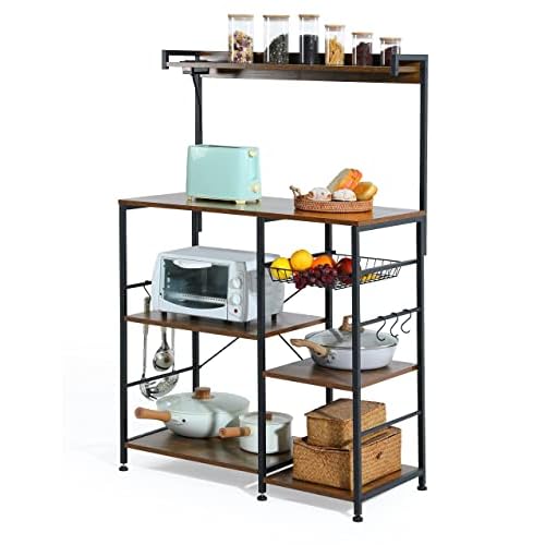 Evajoy Baker’s Rack with Power Outlet, 6-Tier Kitchen Storage Rack, Coffee Bar with Storage Basket, Microwave Oven Stand with 6 S-Hooks, Table Organizer with Top Shelf, for Spices, Pots, Pans