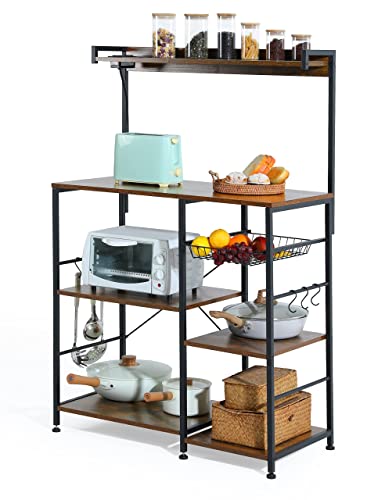 Evajoy Baker’s Rack with Power Outlet, 6-Tier Kitchen Storage Rack, Coffee Bar with Storage Basket, Microwave Oven Stand with 6 S-Hooks, Table Organizer with Top Shelf, for Spices, Pots, Pans