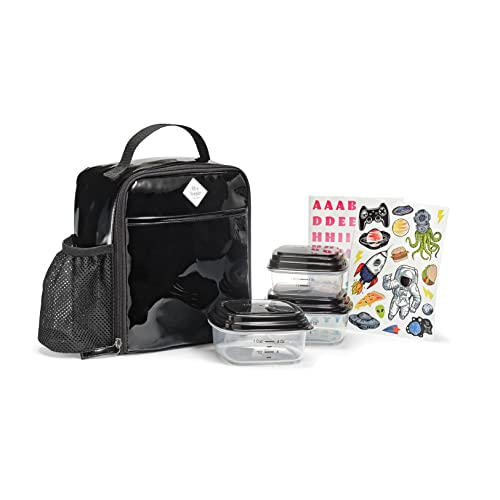 Fit & Fresh DIY Sticker Lunch Bag For Kids, Insulated Lunch Box For Kids Boys & Girls With 3 Matching Snack Containers & 2 Sticker Sets, School Lunch Box, Black