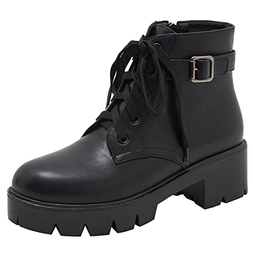 XIEWANG Botas de tobillo con plataforma de tacón medio con cremallera lateral con cordones para mujer, Black, 37 EU Cover