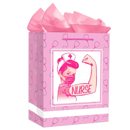 D4DREAM Nurse Graduation Gift Bag - 13" Large Pink Nurse Gift Bag with Tissue Paper for Women Doctor Nursing School Grads Medical School Graduates Perfect for Nurse Week Celebrations