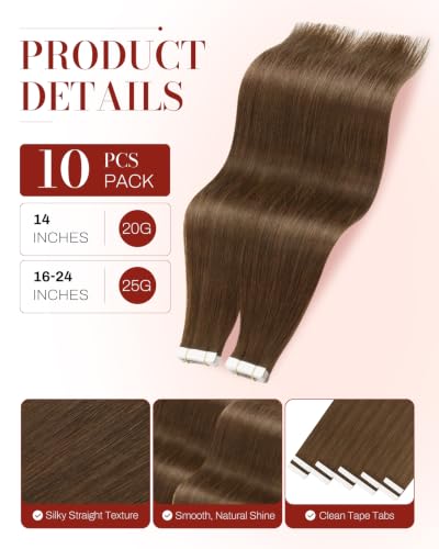 Image of Moresoo Chestnut Brown Invisible Tape Ins Extensions 22in 10Pcs 25g | Tape extensions human hair, flat tabs, long layered strands for braids, wedding guest looks and formal event styling