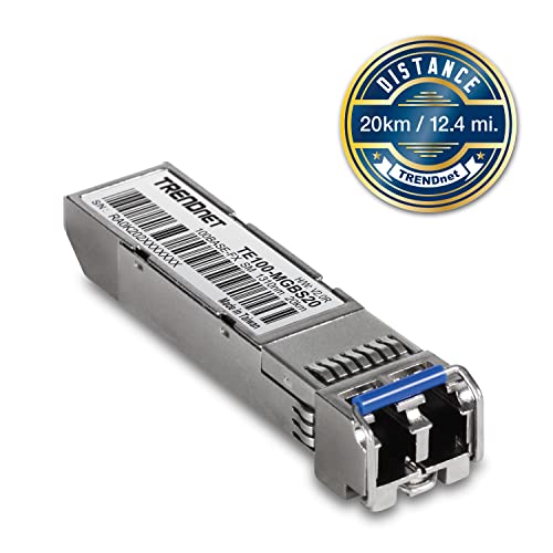 Image of TRENDnet SFP to RJ45 100Base-FX Single-Mode LC Module, TE100-MGBS20, Up to 20 km (12.4 Miles), Standard SFP Compatible, Up to 155Mbps Speeds, Duplex-LC Fiber Compatible, 1310nm, Lifetime Protection