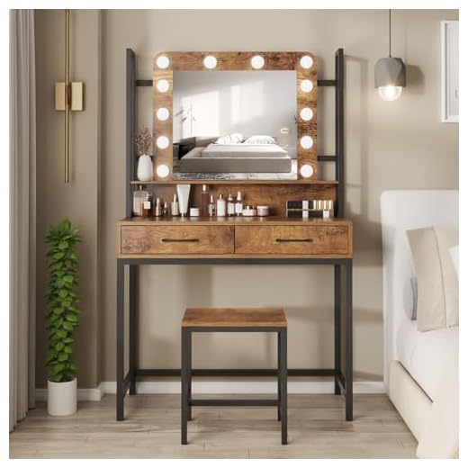 Fameill Makeup Vanity with Lights,Vanity Desk with Drawer,Vanity Table Set with Lighted Mirror,3 Color Dimmable Makeup Desk for Bedroom,Rustic Brown