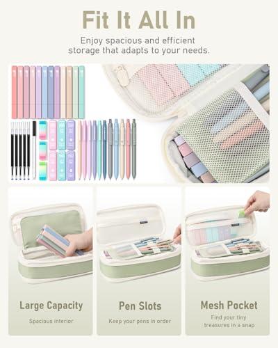 Four Candies 39 Stück Schulsachen mit Mäppchen, 12 Pastell Textmarker, 5 Gelstifte, 6 Druckbleistift Set, Aesthetic Stifte und Coole Sachen für Teenager Mädchen School Stuff Clean Girl (Grün)