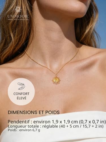 Unimooie Collier Soleil pour Femmes - Résistant à l'eau - Acier Titane avec Dorure - Pendentif Soleil Double Face - Idéal pour Plages Vacances et Quotidien – vue 4