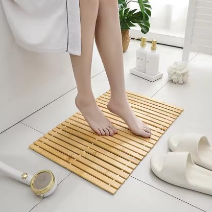 Image of Folding Bamboo Wooden Bath Mat Non-Slip Slatted Duckboard – Quick Drying Eco Shower Mat for Bathroom, Sauna, Kitchen, Spa, Toilet, Home Floors – Durable Bamboo Bath Rug for Modern Style & Comfort