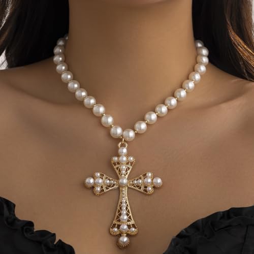 Pearl Cross Necklace for Women,Gothic Gold Chunky Long Big Cross Pendant Necklace,Pearl Beads Chain Large Crucifix Dangle Necklace for Punk Party2