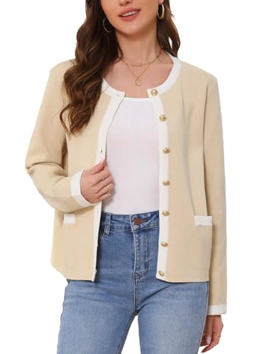 Allegra K Knitted Cardigan for Women's Color Block Long Sleeve Lightweight Crew Neck Elegant Contrast Sweater Blouse Tops