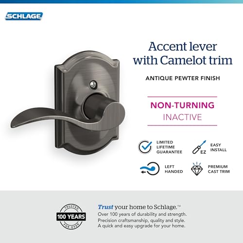 Image of SCHLAGE Accent Lever with Camelot Trim Non-Turning Lock in Antique Pewter - Left Handed