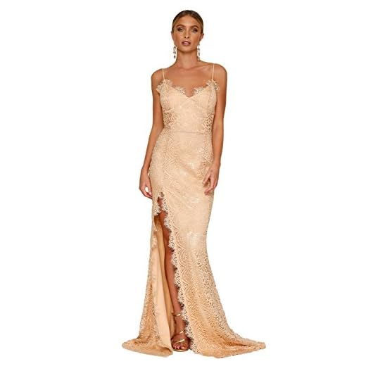 Sexy Elegante Abito Cerimonia da Donna con Spacco,Vestito Lungo da Party e Festa, Schiena Nuda e Spalline Regolabili. -Beige-S