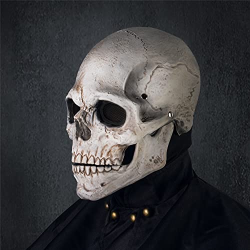 Creepy Halloween Full Head Skull Mask with Movable Jaw, Adult Entire Head Realistic Latex Helmet, Scary Skeleton Headgear (White Human Skull Mask)