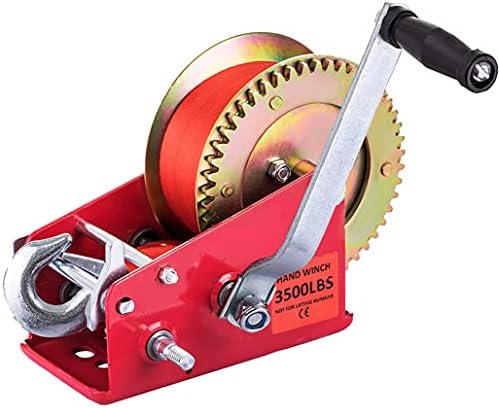 Hand Winch Heavy Duty 3500lbs with Nylon Strap and Ratchet Handle Hook 2 Gear Manual Crank Towing Winch for ATV Boat Trailer Truck Auto (3500 Red)