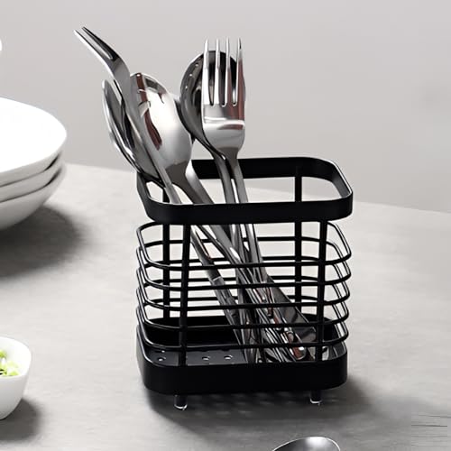 LAIPART Kitchen Sink Utensil Holder of Drying Rack, Small Stainless Steel Cutlery Drainer Caddy,Spoon and fork organizer (Black) - Thumbnail 6