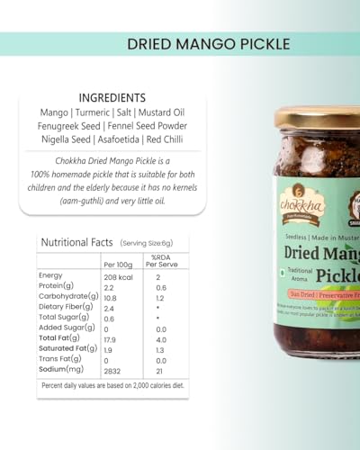Image of Chokkha Traditional Homemade Dried Mango Pickle (Aam) | Sukha Aam ka Achar | Authentic Indian Taste | Traditional Family Recipe | No Vinegar, Additives or Preservatives | Sundried and Freshly Grounded Spices | Handcut and Pure Homemade | Seedless (No Guthli) | 200 Gm